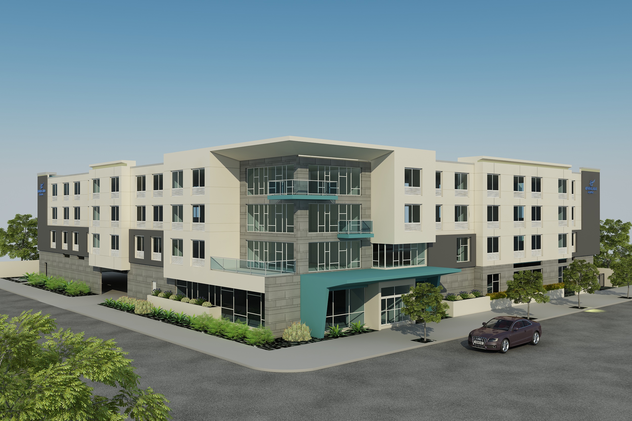A modern, multi-story hotel building with balconies and a parking lot.